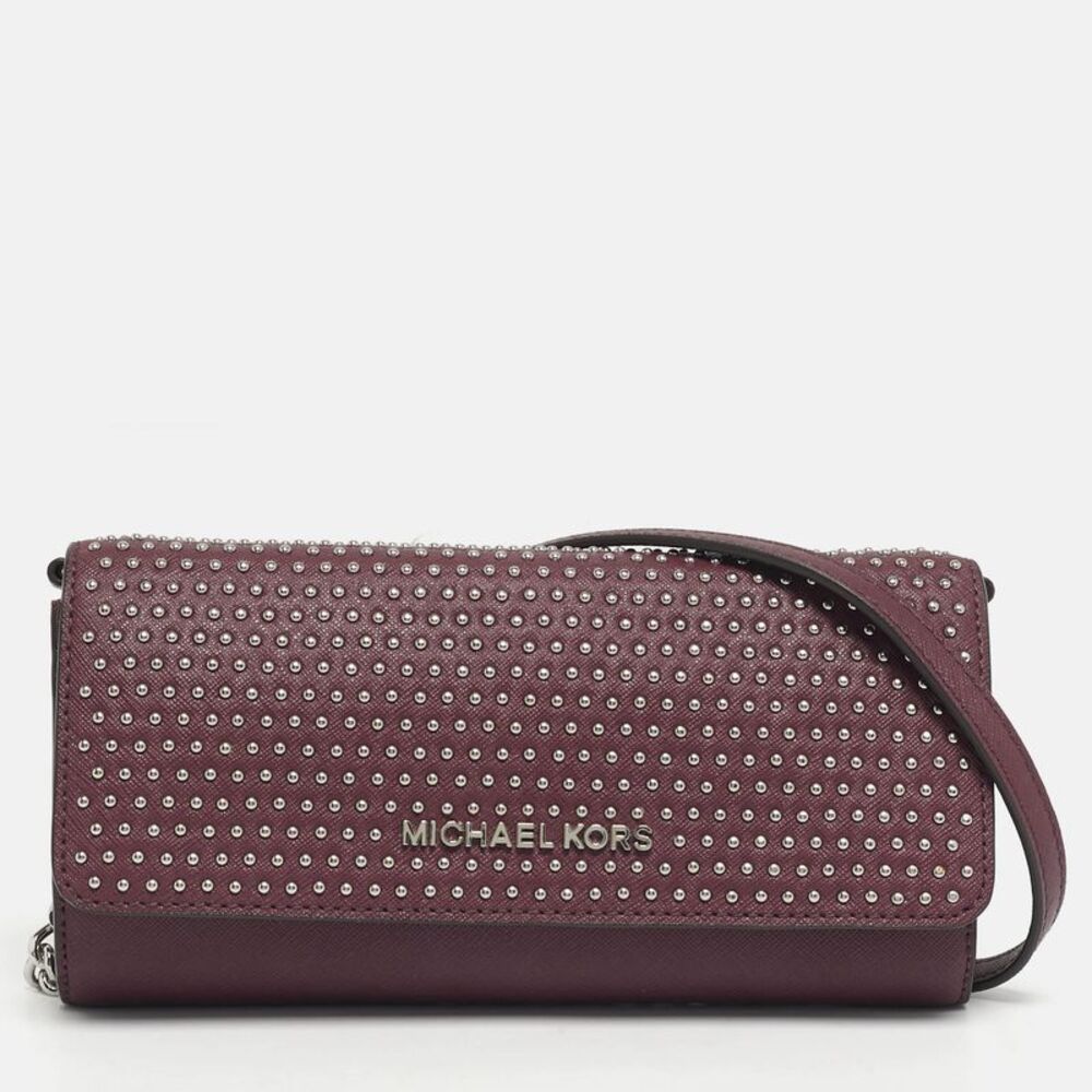 Michael Kors Plum Leather Studded Flap Wallet On Chain